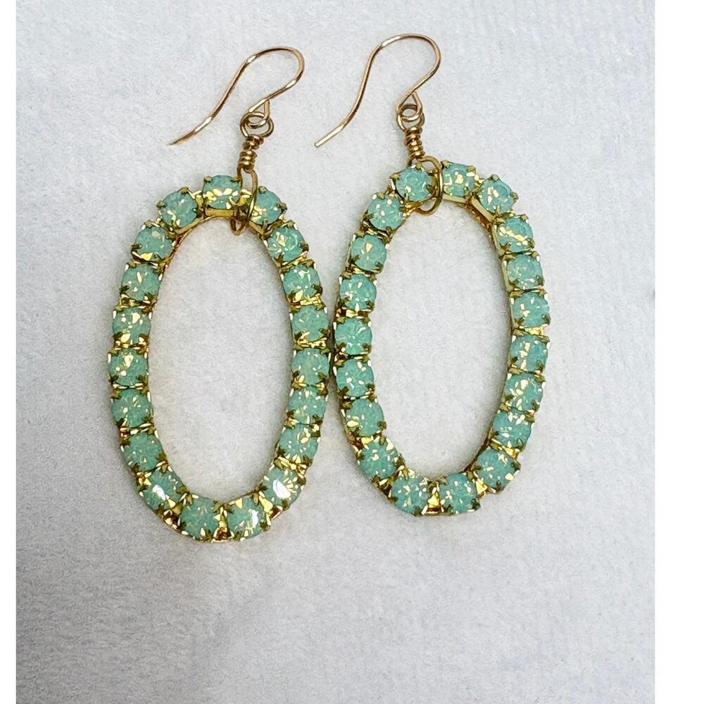 Mint Turquoise Glass Cabochon Oval Dangle Earrings Gold Tone Artisan Made